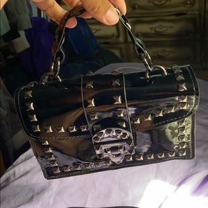 Studded decor flap patent satchel bag